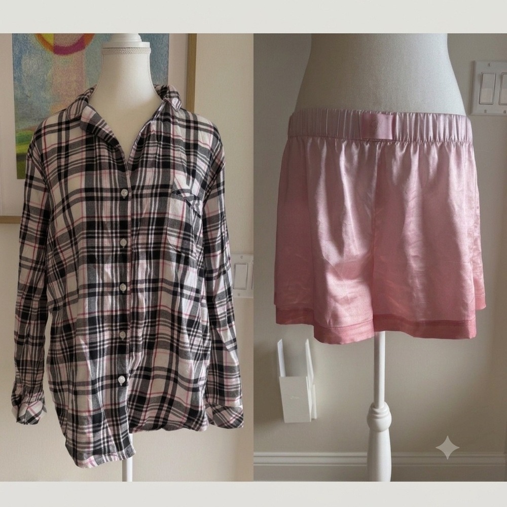 BUNDLE Victoria's Secret Plaid Flannel Top Satin Shorts L & Pink Pajama Top M